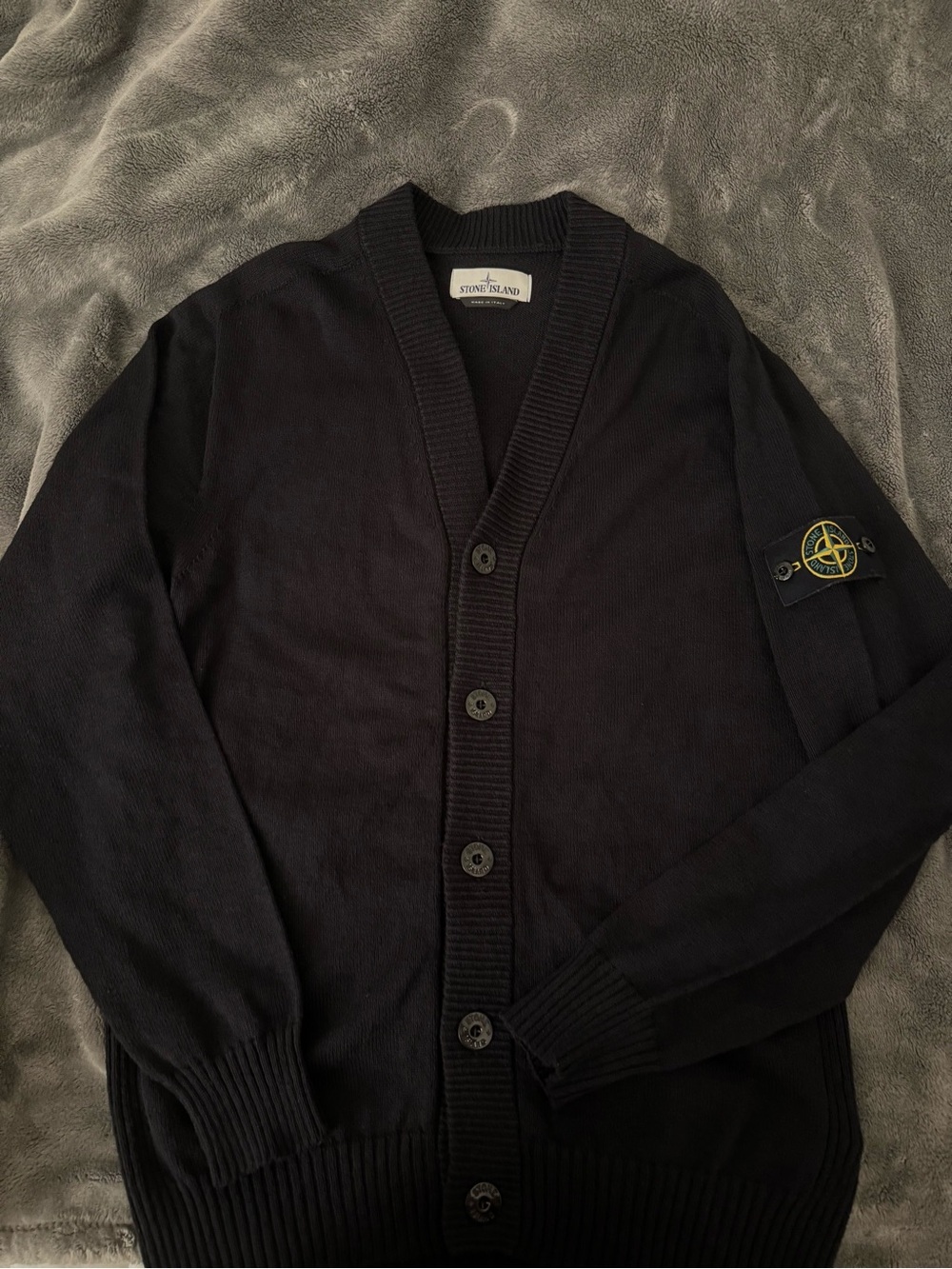 Stone Island Black Button-Front Wool Cardigan with Compass Badge